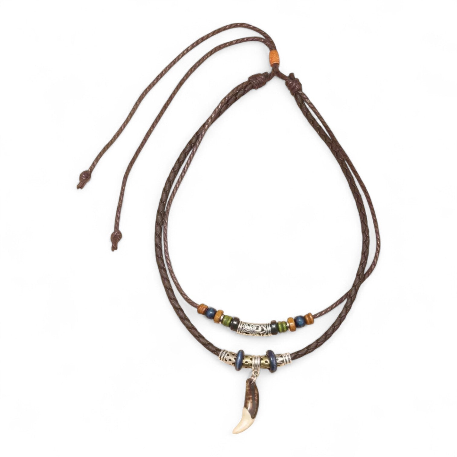Men’s coffee brown vintage tribal necklace with PU leather cord and multicolor geometric beads, boho streetwear accessory

