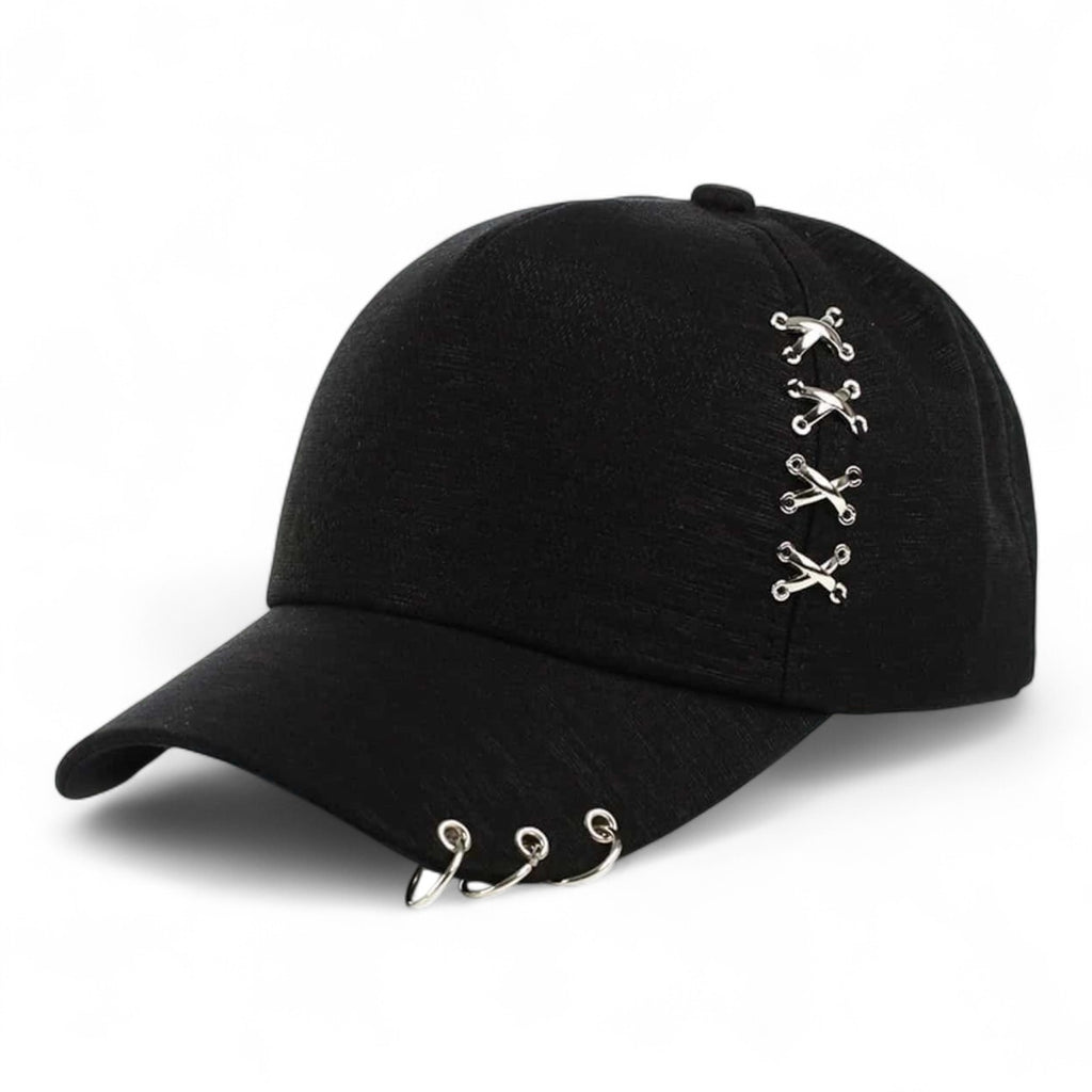 Black curved brim dad cap with silver rivets and piercings, unstructured Japanese streetwear cotton baseball hat for women