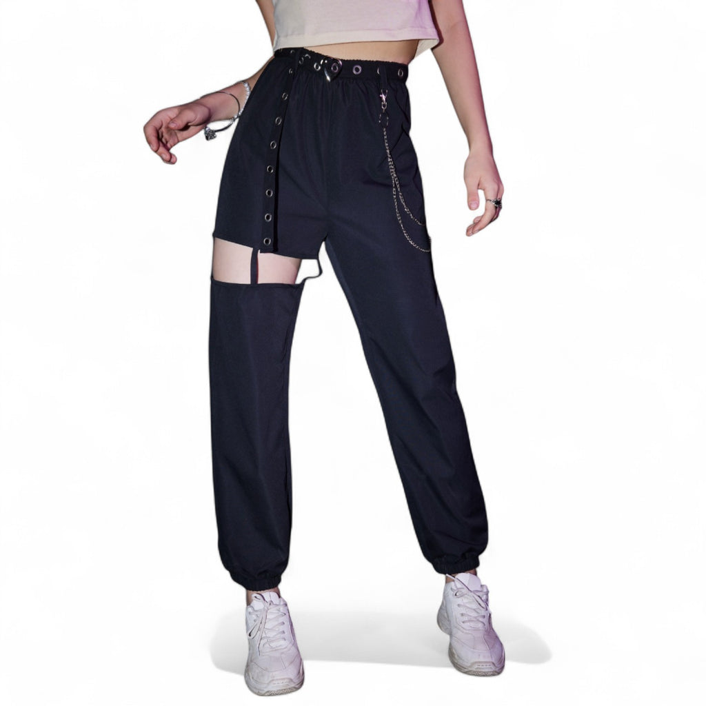 BLACK CUT-OUT PANTS WITH CHAIN & BELT – EDGY HIGH WAIST STREET STYLE
