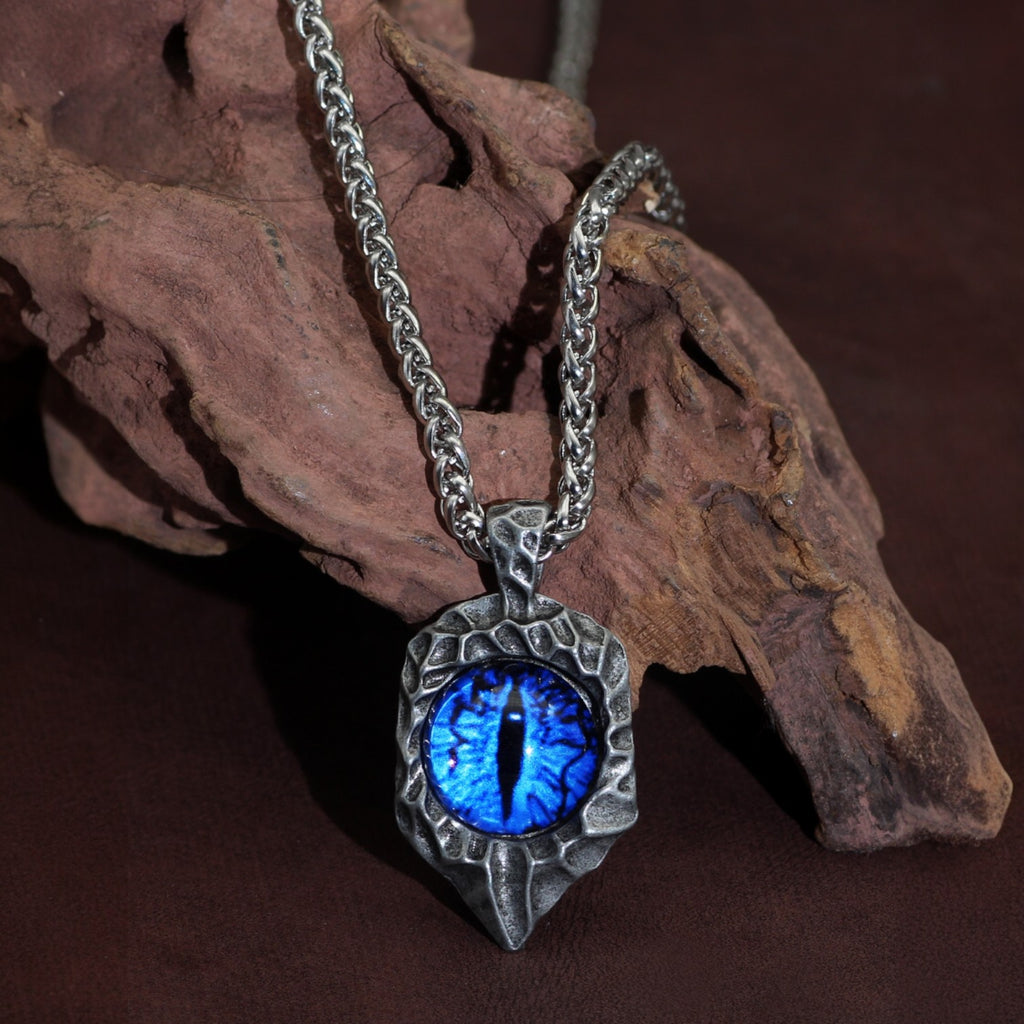 Men’s gothic dragon eye necklace with blue reptile pendant in antique silver

