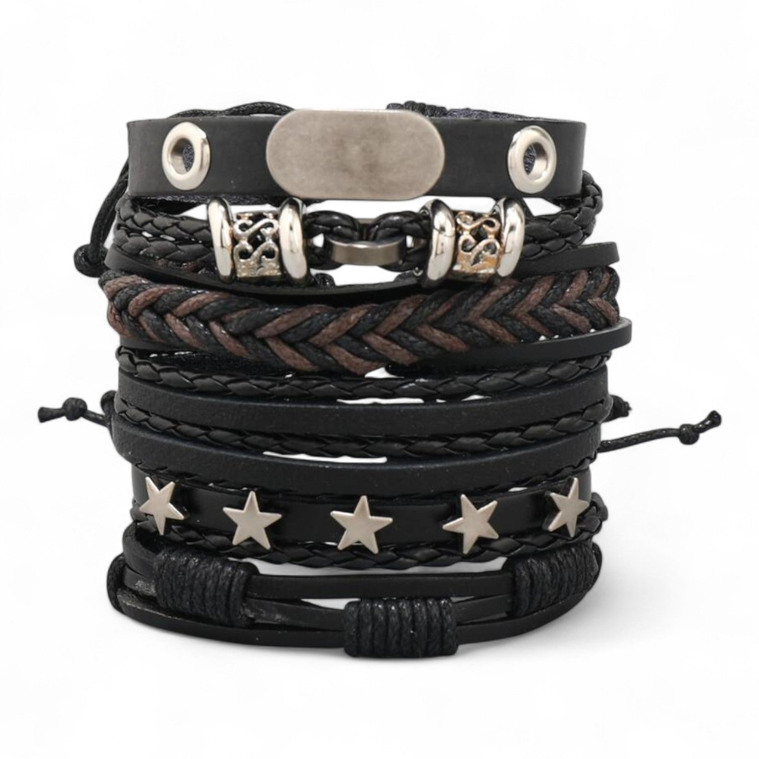 Black multi-layer men's PU leather bracelet with silver star details, Japanese streetwear accessory

