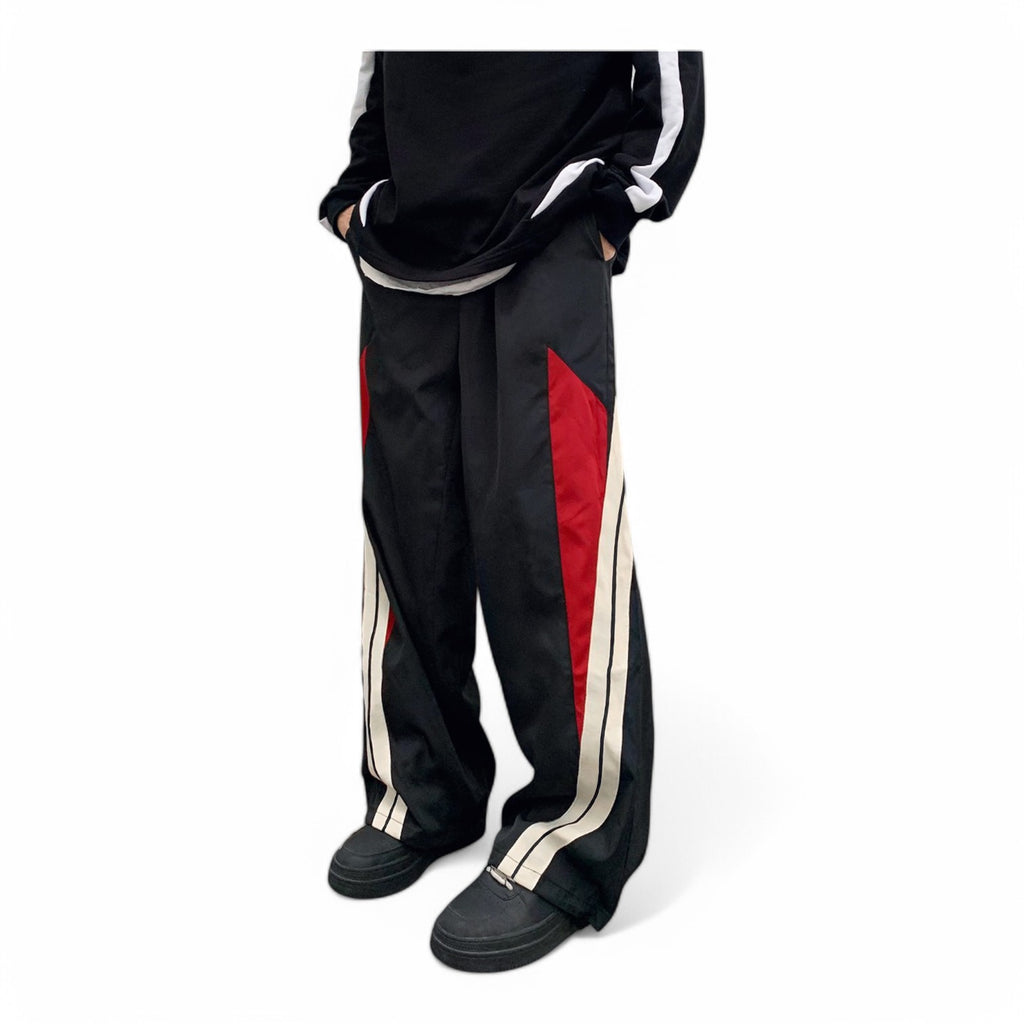Black straight-leg pants with red colorblock and white stripes – Japanese retro sports streetwear style