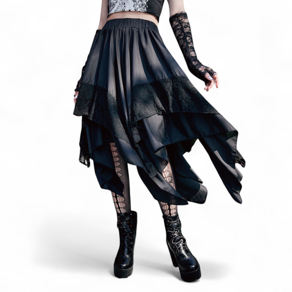 GOTHIC ASYMMETRICAL MIDI SKIRT WITH LACE – DARK ROMANTIC FLOWY HIGH WAIST STYLE