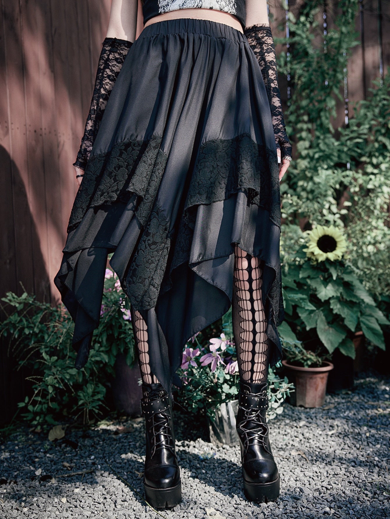 GOTHIC ASYMMETRICAL MIDI SKIRT WITH LACE – DARK ROMANTIC FLOWY HIGH WAIST STYLE