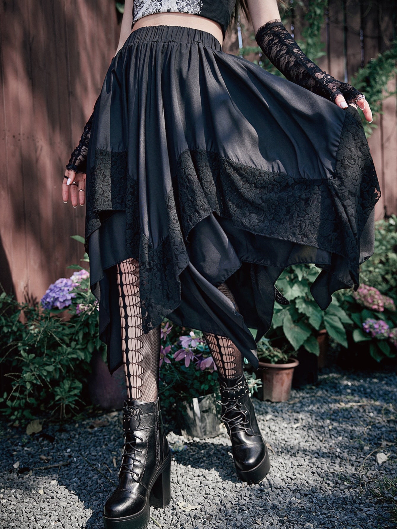 GOTHIC ASYMMETRICAL MIDI SKIRT WITH LACE – DARK ROMANTIC FLOWY HIGH WAIST STYLE
