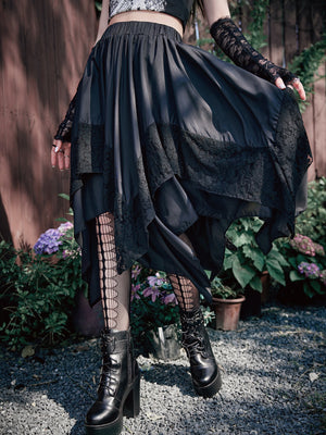 GOTHIC ASYMMETRICAL MIDI SKIRT WITH LACE – DARK ROMANTIC FLOWY HIGH WAIST STYLE