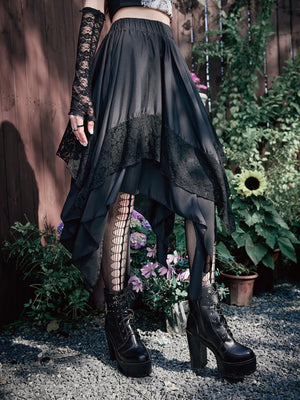 GOTHIC ASYMMETRICAL MIDI SKIRT WITH LACE – DARK ROMANTIC FLOWY HIGH WAIST STYLE