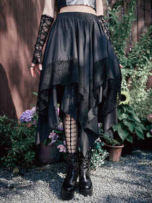 GOTHIC ASYMMETRICAL MIDI SKIRT WITH LACE – DARK ROMANTIC FLOWY HIGH WAIST STYLE