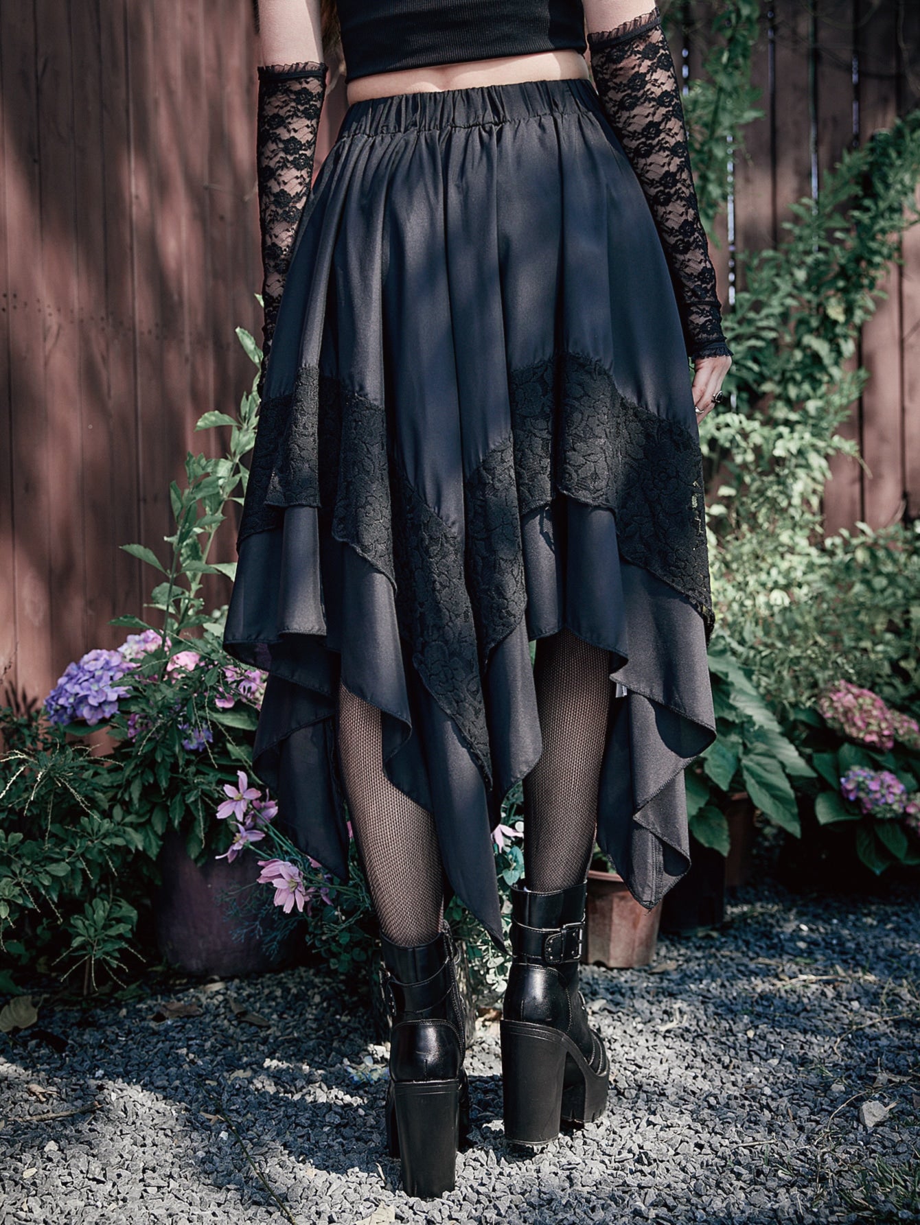 GOTHIC ASYMMETRICAL MIDI SKIRT WITH LACE – DARK ROMANTIC FLOWY HIGH WAIST STYLE