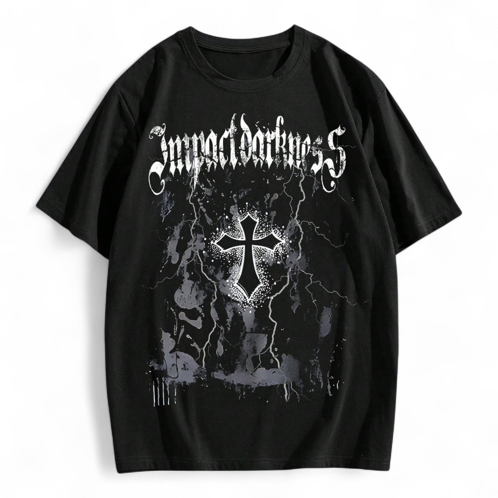Black Gothic T-Shirt with Cross and Impact Darkness Text – Japanese Streetwear Style

