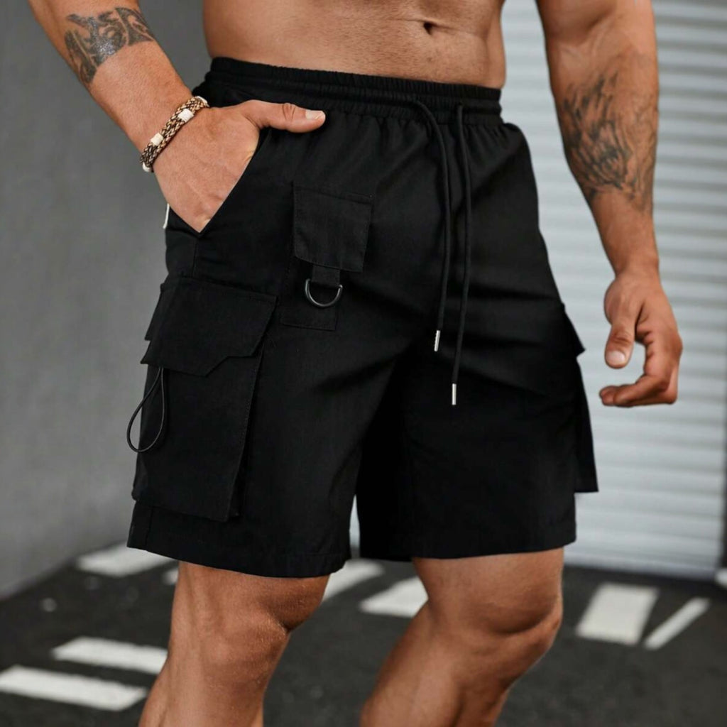 Men’s black drawstring cargo shorts with utility pockets – casual urban streetwear

