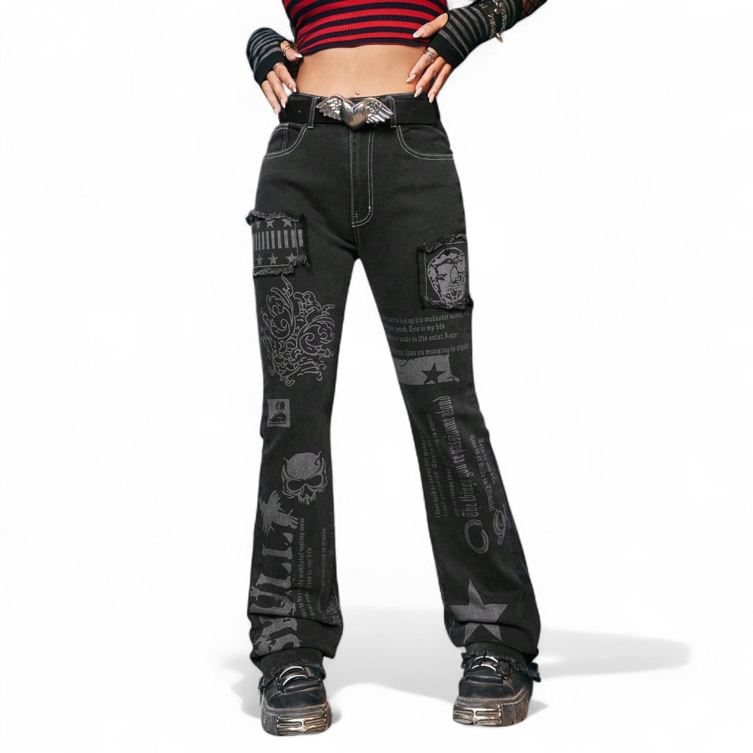 Women's black gothic flare cargo jeans with skull and letter graphics – Halloween punk streetwear denim