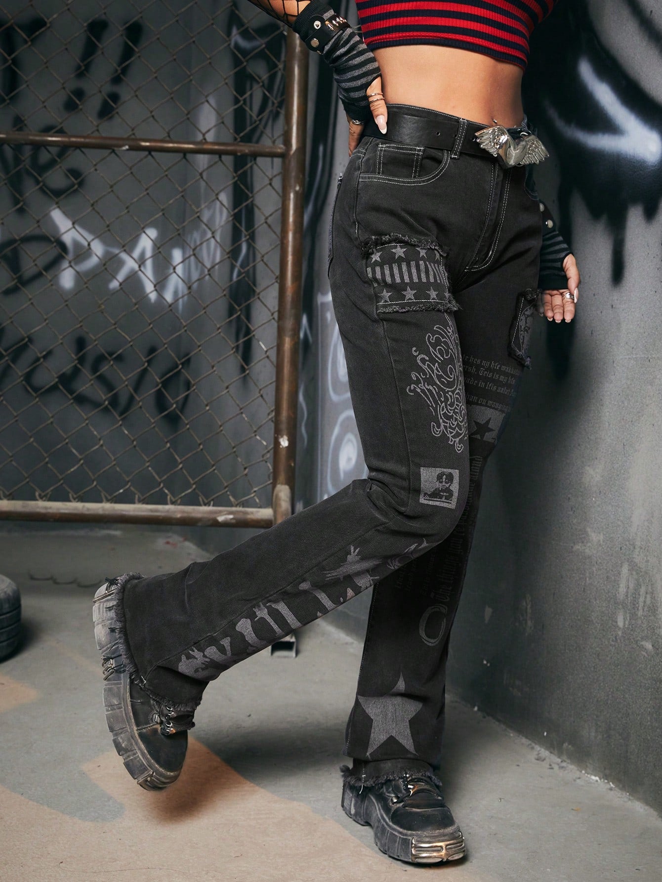 Women's black gothic flare cargo jeans with skull and letter graphics – Halloween punk streetwear denim