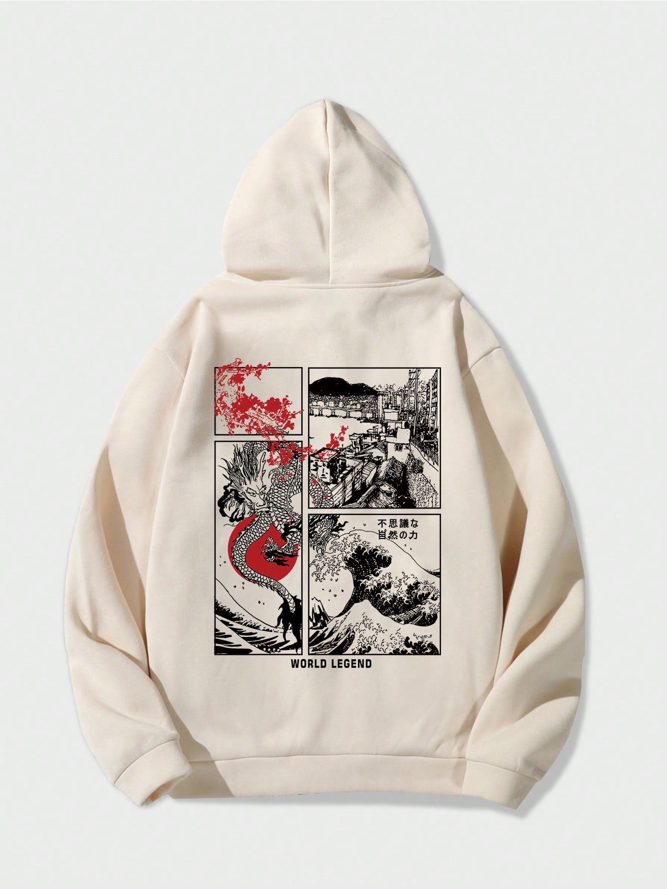 Khaki hoodie with red dragon and ukiyo-e manga panel artwork – Japanese streetwear with traditional design