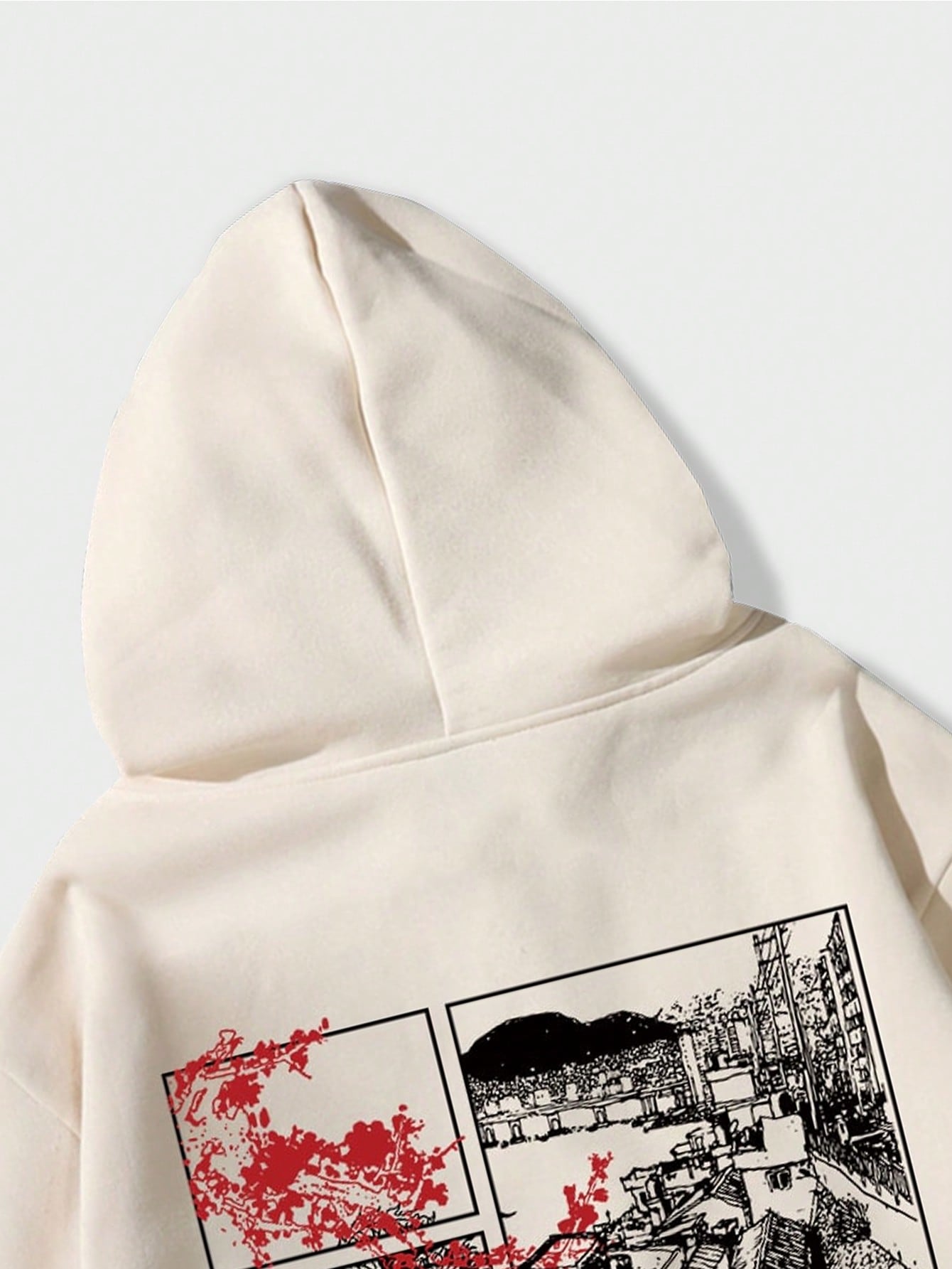 Khaki hoodie with red dragon and ukiyo-e manga panel artwork – Japanese streetwear with traditional design
