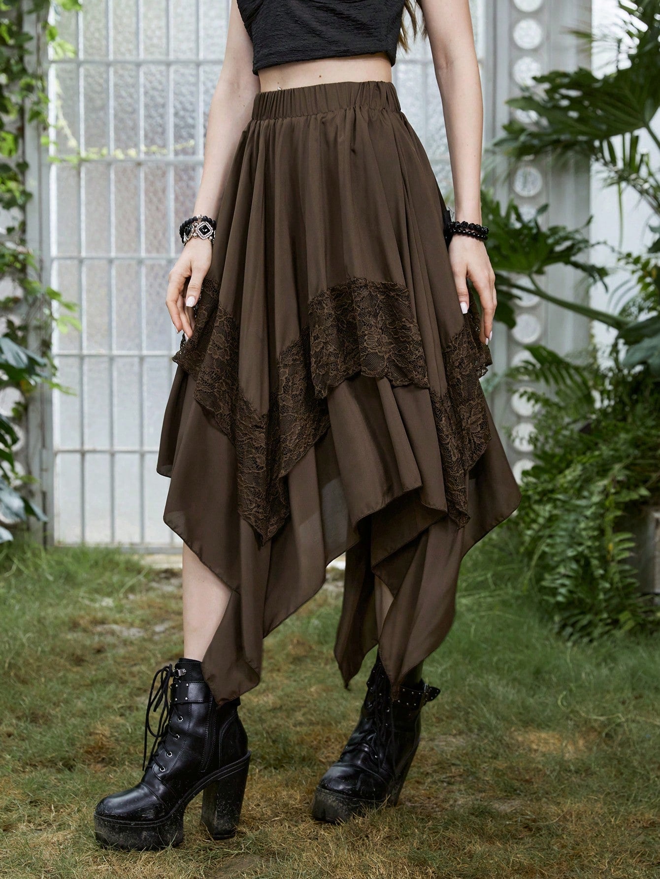 GOTHIC ASYMMETRICAL MIDI SKIRT WITH LACE – DARK ROMANTIC FLOWY HIGH WAIST STYLE