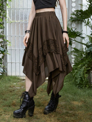 GOTHIC ASYMMETRICAL MIDI SKIRT WITH LACE – DARK ROMANTIC FLOWY HIGH WAIST STYLE