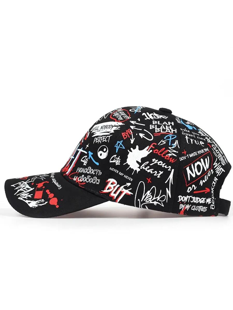 Multicolor graffiti dad cap with all-over printed street graphics and curved brim, unisex Japanese streetwear cotton baseball hat