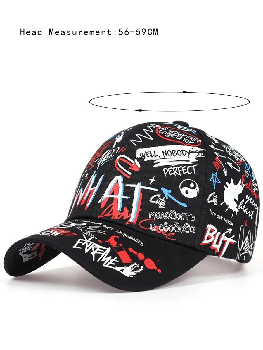 Multicolor graffiti dad cap with all-over printed street graphics and curved brim, unisex Japanese streetwear cotton baseball hat