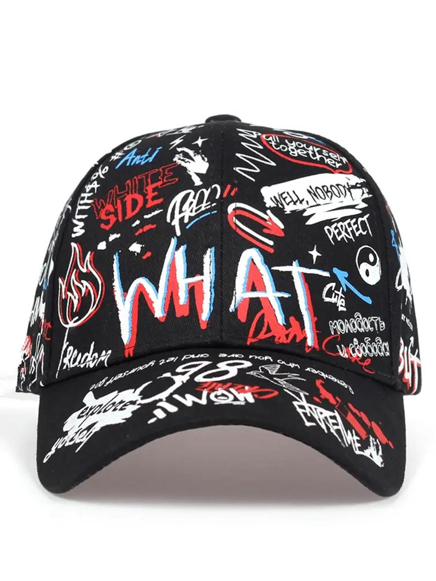 Multicolor graffiti dad cap with all-over printed street graphics and curved brim, unisex Japanese streetwear cotton baseball hat