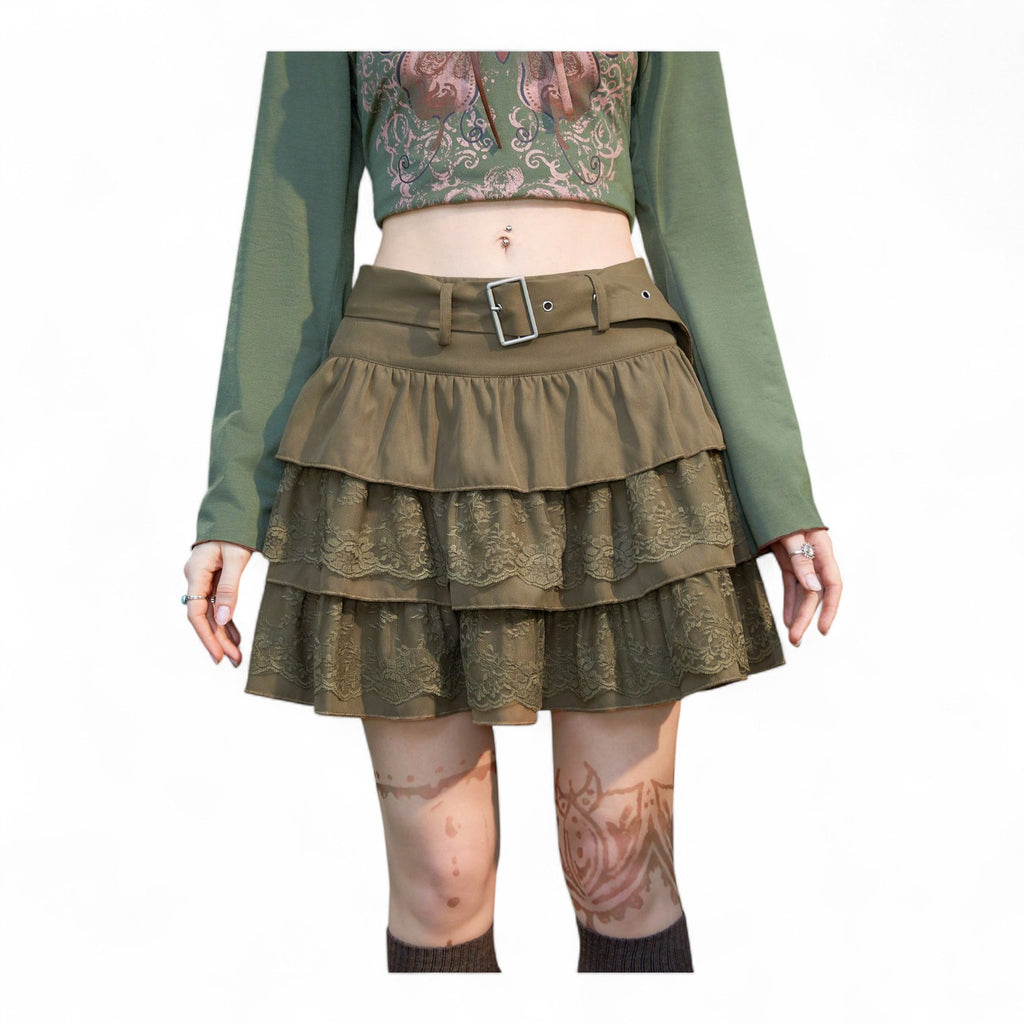ARMY GREEN LAYERED LACE MINI SKIRT – JAPANESE STREETWEAR STYLE