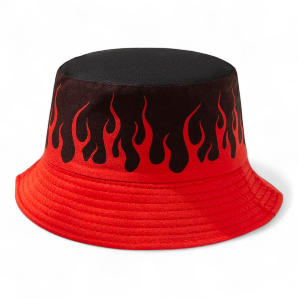 Red and black flame graphic reversible bucket hat – Japanese streetwear fashion accessory

