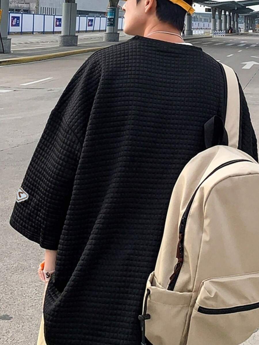 Japanese streetwear textured oversized tee black patch drop shoulder t-shirt Harajuku fashion