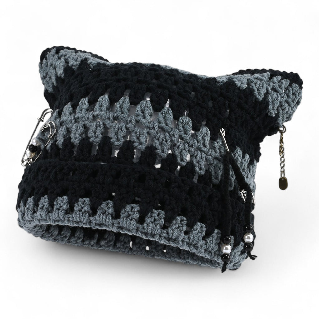Striped crocheted cat-ear hat with metallic accents and fringe, Japanese streetwear hollow knit beanie for women