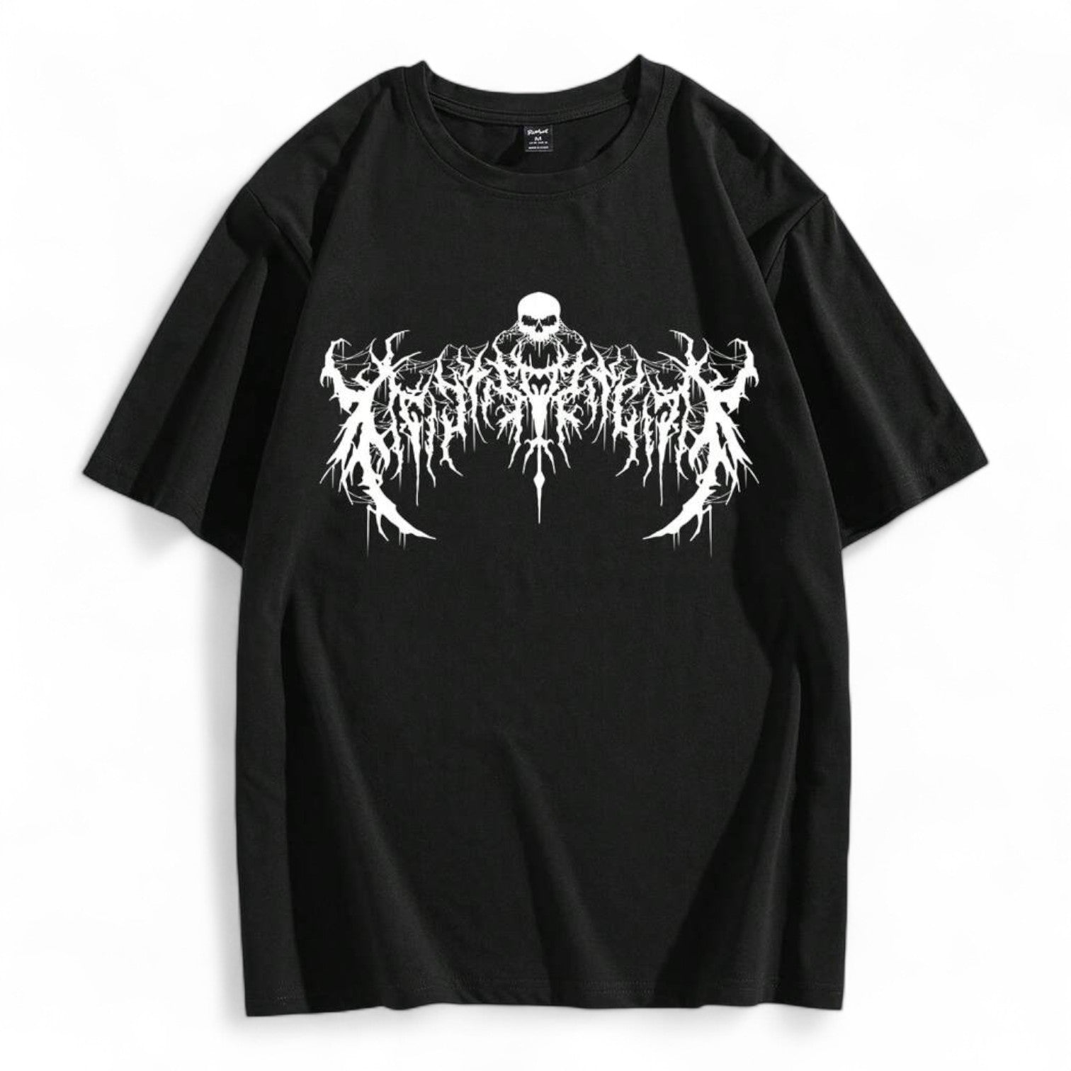 Black gothic punk graphic t-shirt with Halloween skull and letter print