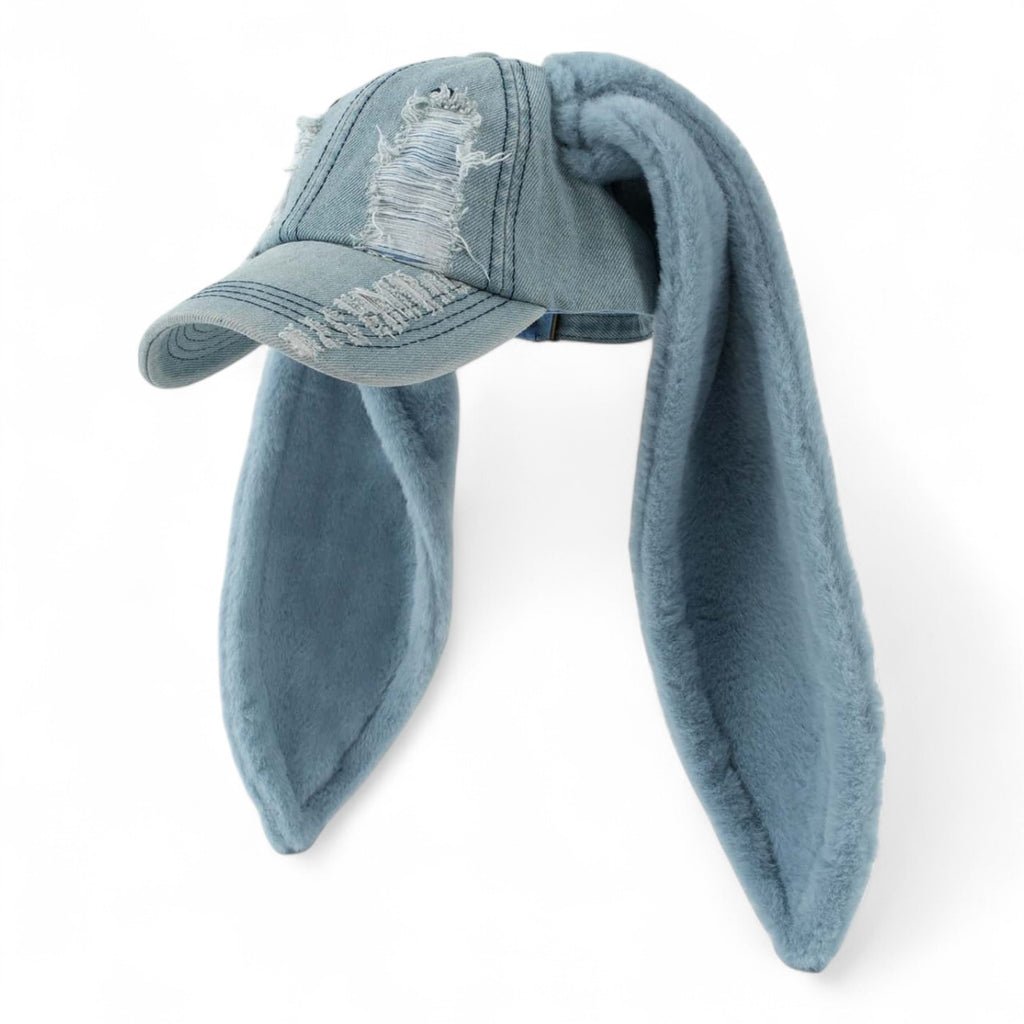 Baby blue bunny ear distressed cap with patched details, Japanese streetwear hip-hop unstructured baseball hat