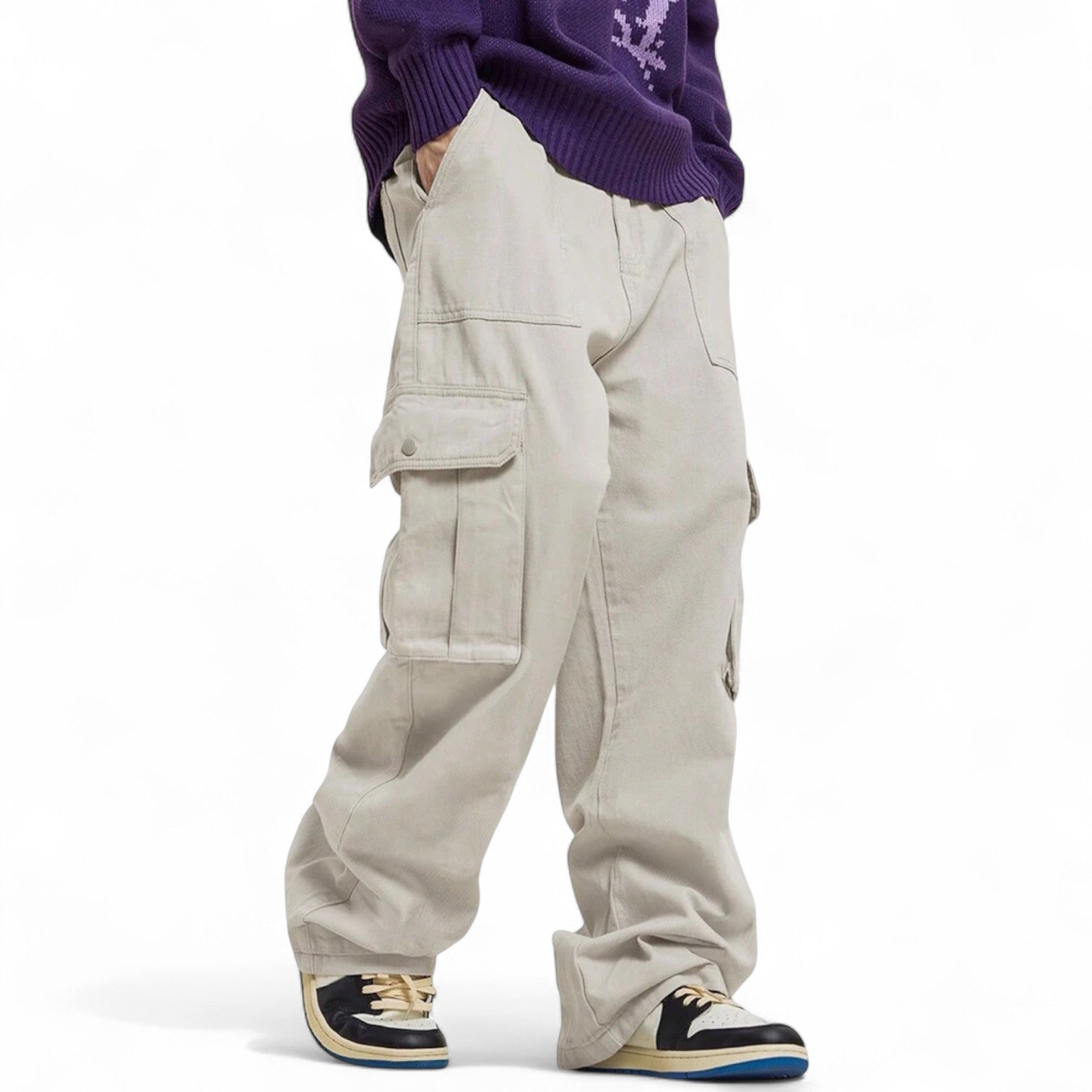Men’s navy blue Japanese streetwear cargo pants with wide-leg fit, elastic waistband, and pockets
