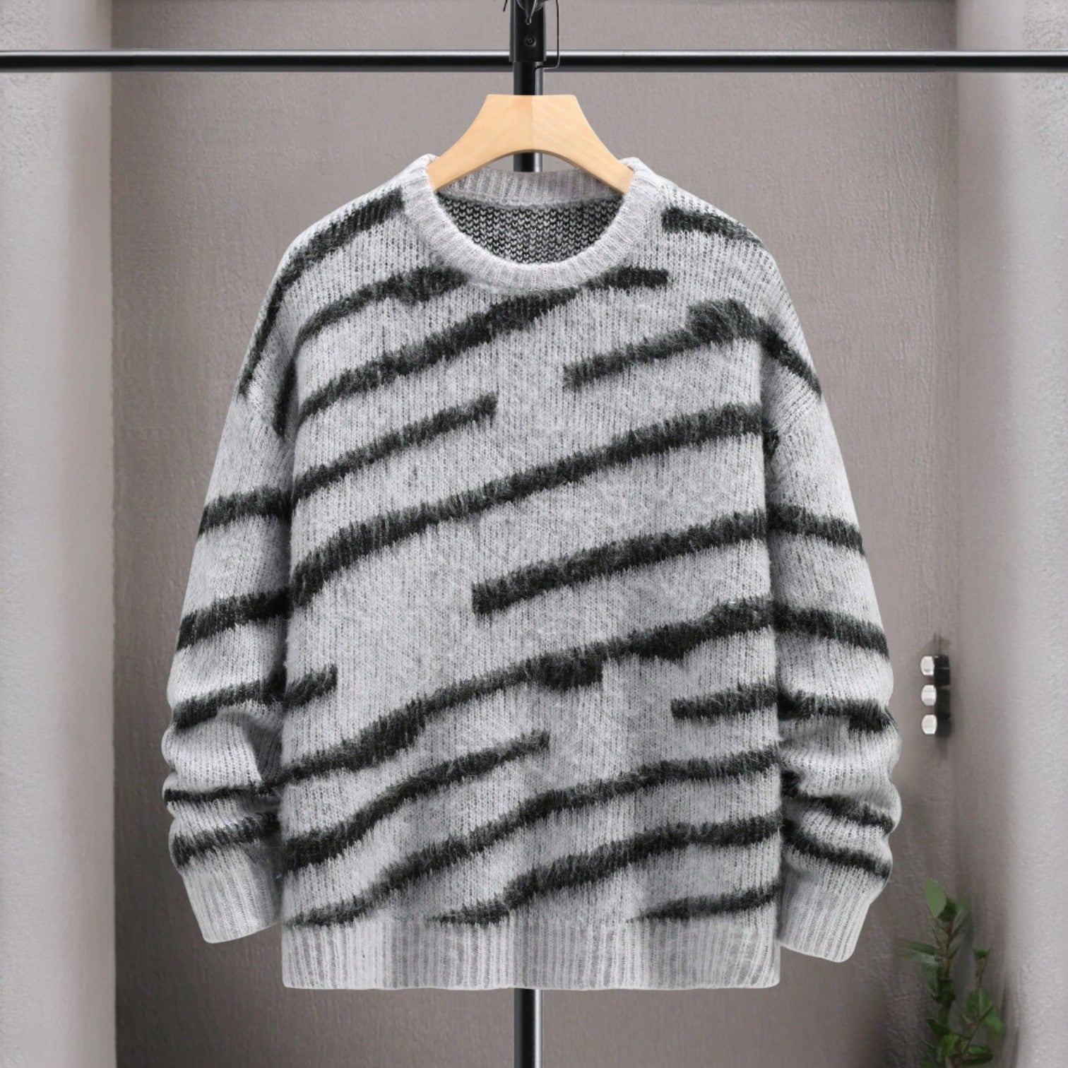 Japanese streetwear knit pullover – grey and black striped drop shoulder sweater casual modern style
