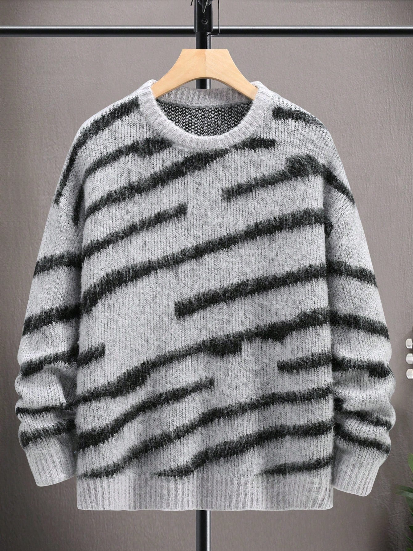 Japanese streetwear knit pullover – grey and black striped drop shoulder sweater casual modern style