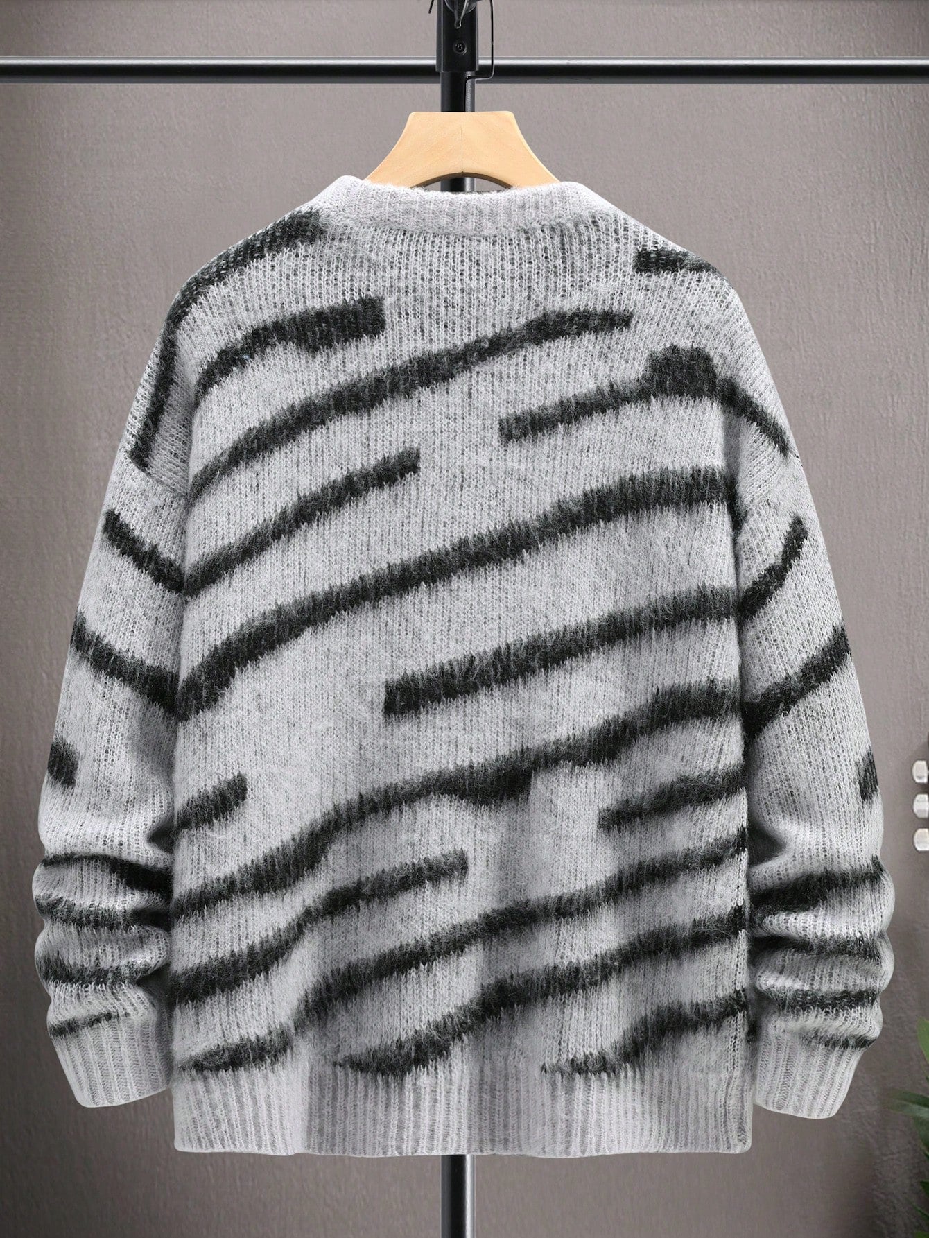 Japanese streetwear knit pullover – grey and black striped drop shoulder sweater casual modern style