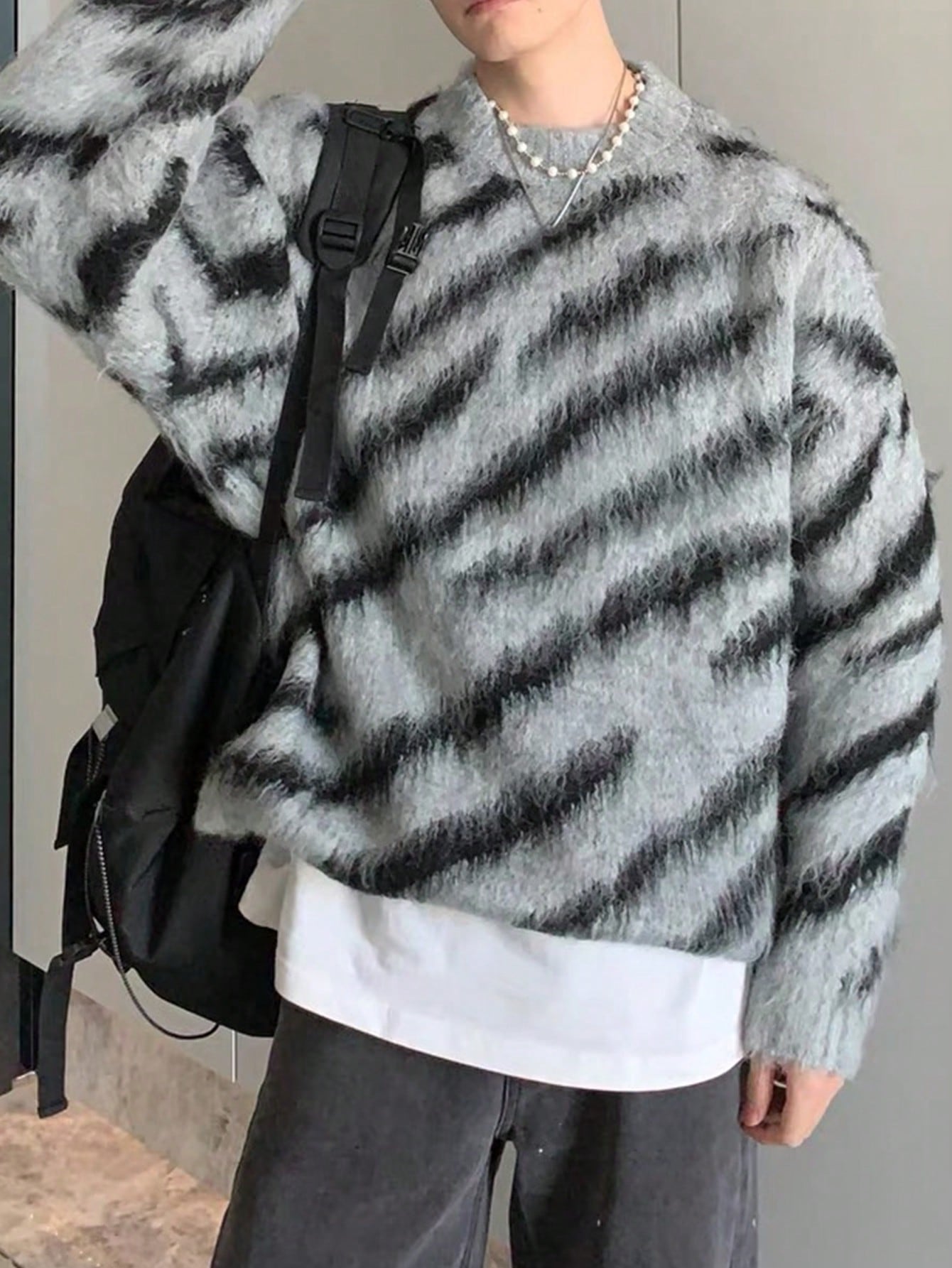 Japanese streetwear knit pullover – grey and black striped drop shoulder sweater casual modern style