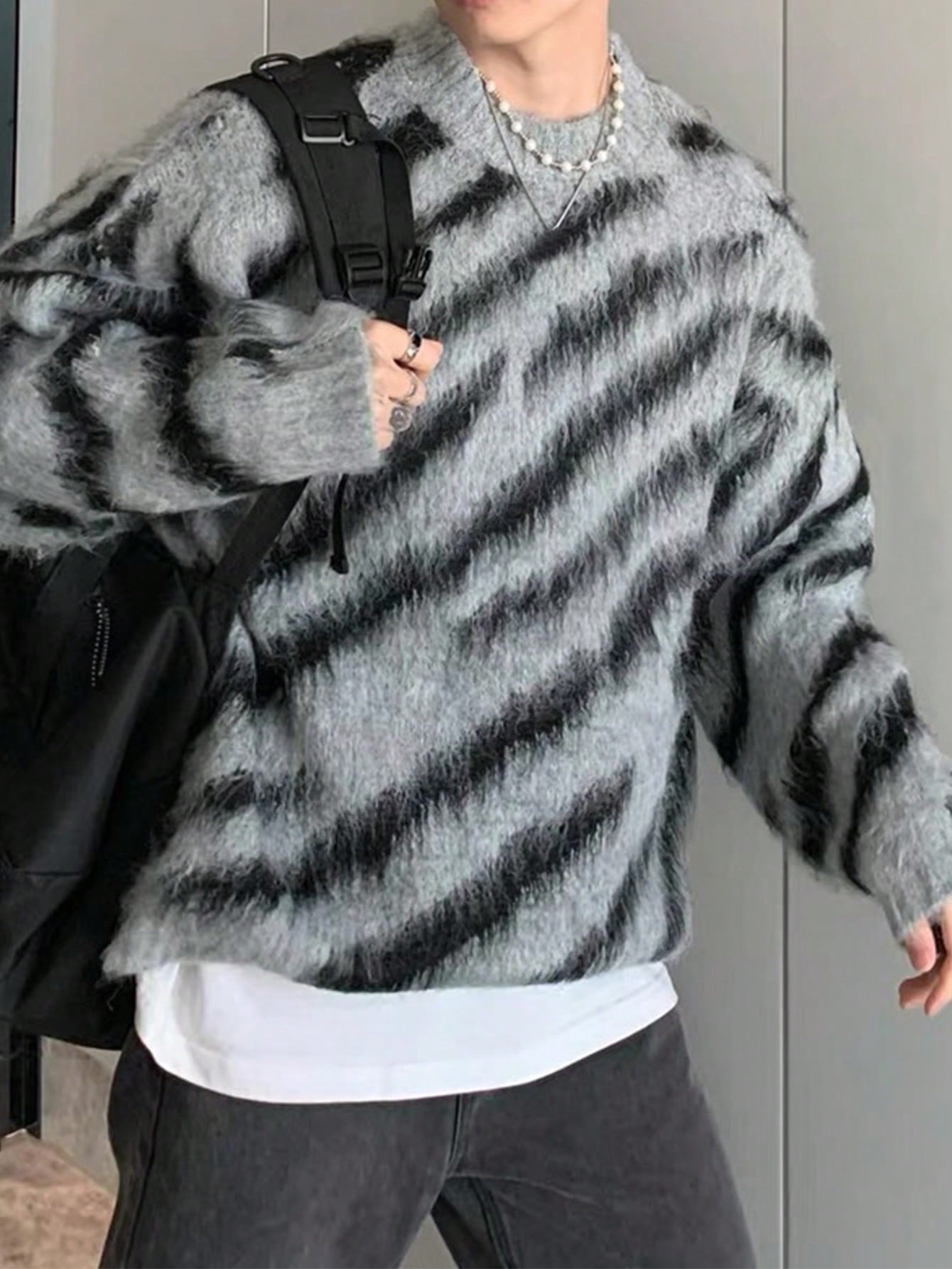 Japanese streetwear knit pullover – grey and black striped drop shoulder sweater casual modern style
