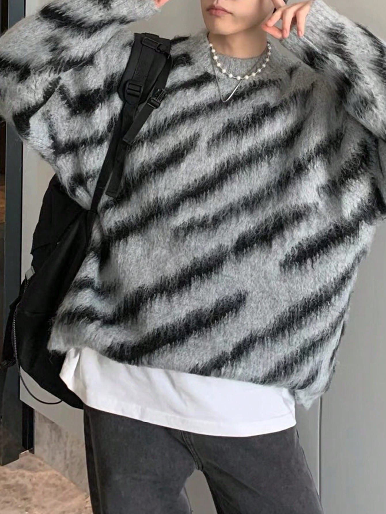 Japanese streetwear knit pullover – grey and black striped drop shoulder sweater casual modern style