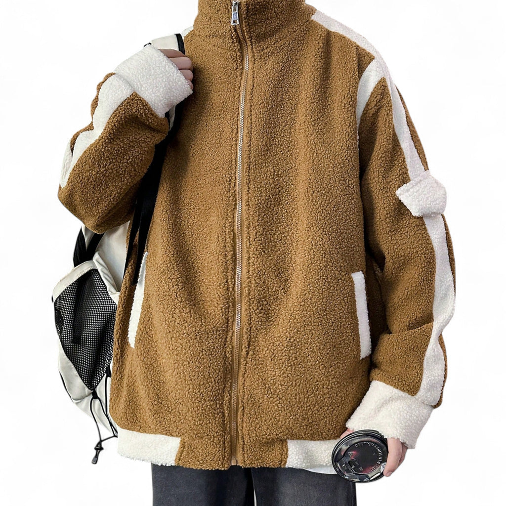 Japanese streetwear colorblock teddy jacket brown and white funnel neck oversized winter coat