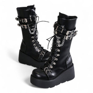 WOMEN’S BLACK PLATFORM CHAIN BOOTS – JAPANESE GOTH PUNK STREETWEAR