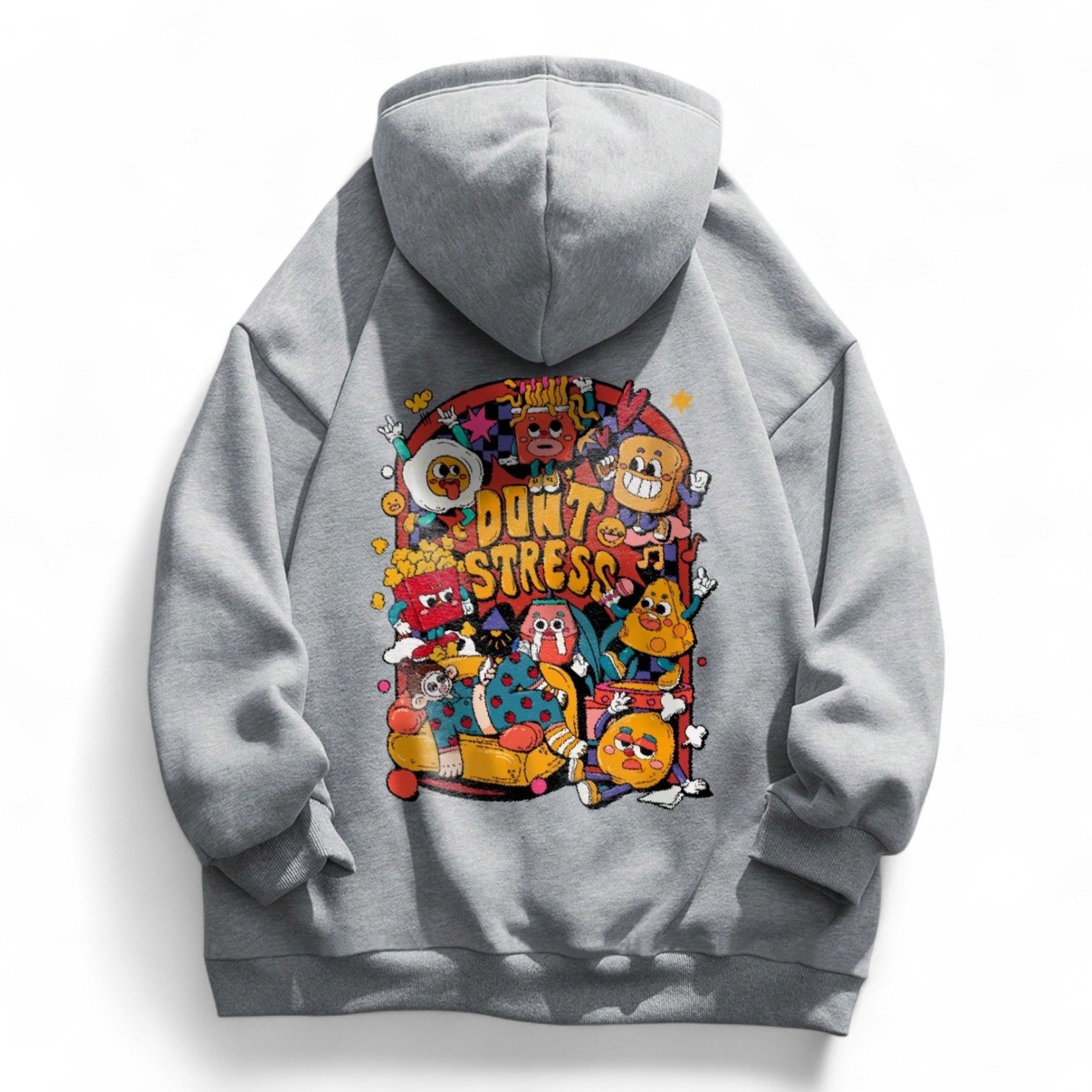 Grey hoodie with colorful ‘Don’t Stress’ cartoon characters – playful Japanese streetwear pullover