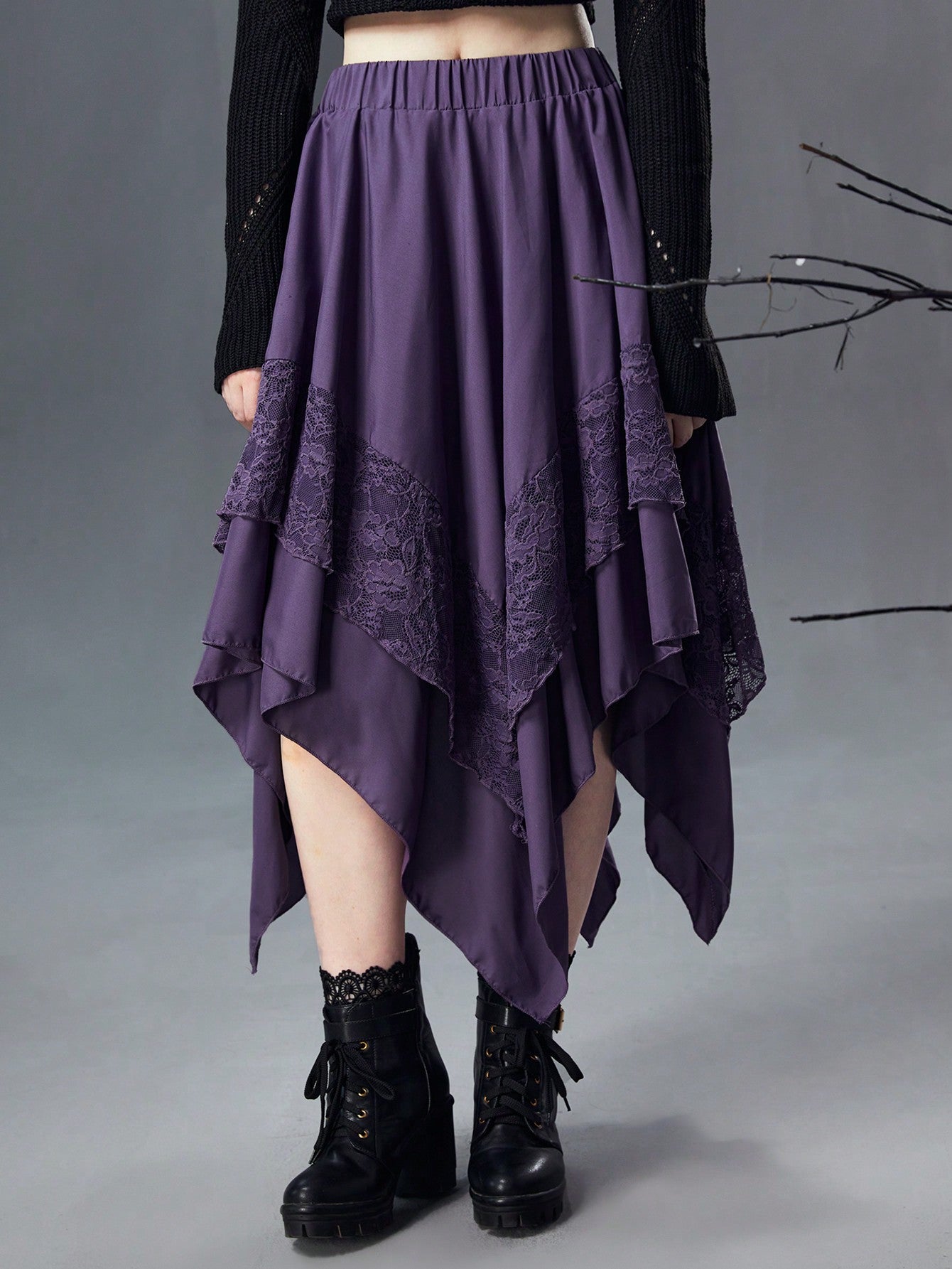 GOTHIC ASYMMETRICAL MIDI SKIRT WITH LACE – DARK ROMANTIC FLOWY HIGH WAIST STYLE