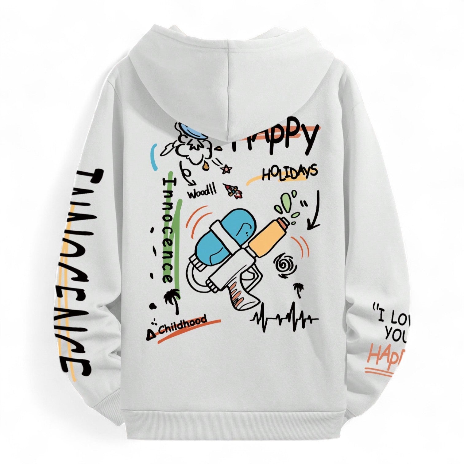White hoodie with playful graffiti cartoon graphics and innocence theme – Japanese streetwear casual pullover
