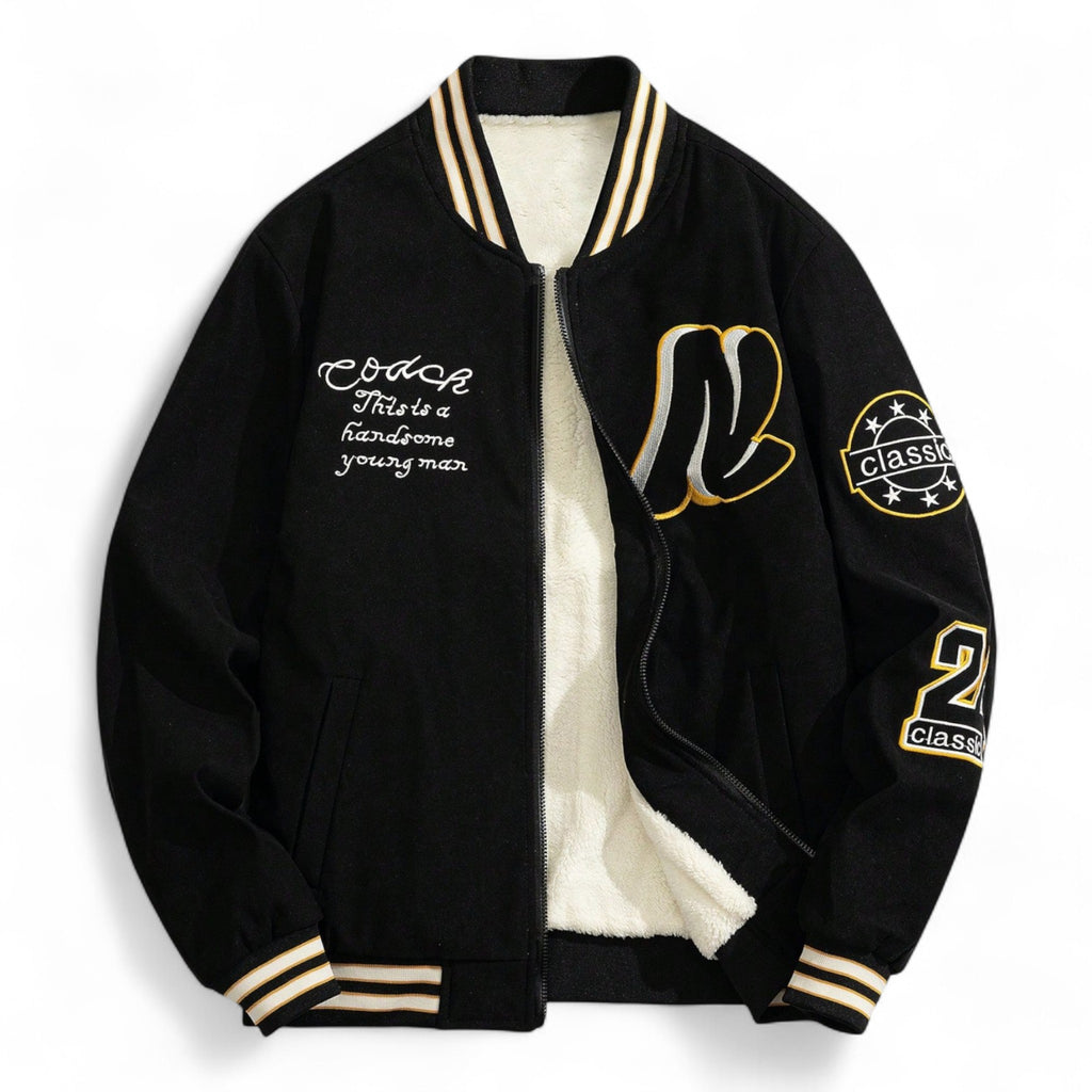Japanese streetwear varsity bomber jacket in black with embroidered patches, striped baseball collar, and warm winter lining