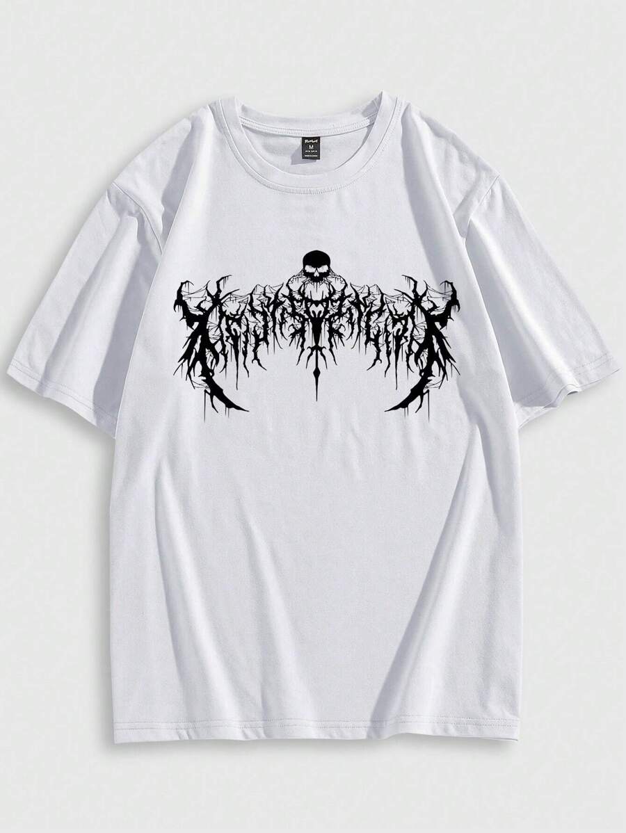 White gothic punk graphic t-shirt with Halloween skull and letter print
