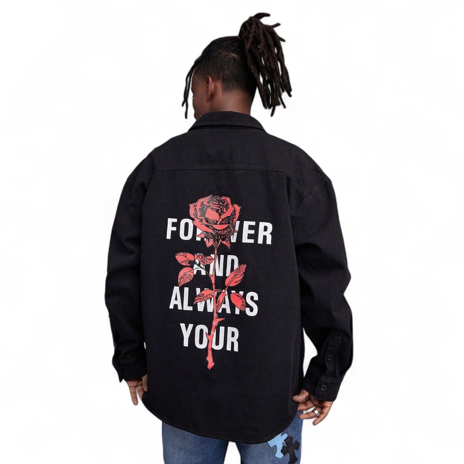 Japanese streetwear black denim shirt – red rose floral slogan print oversized drop shoulder button-up