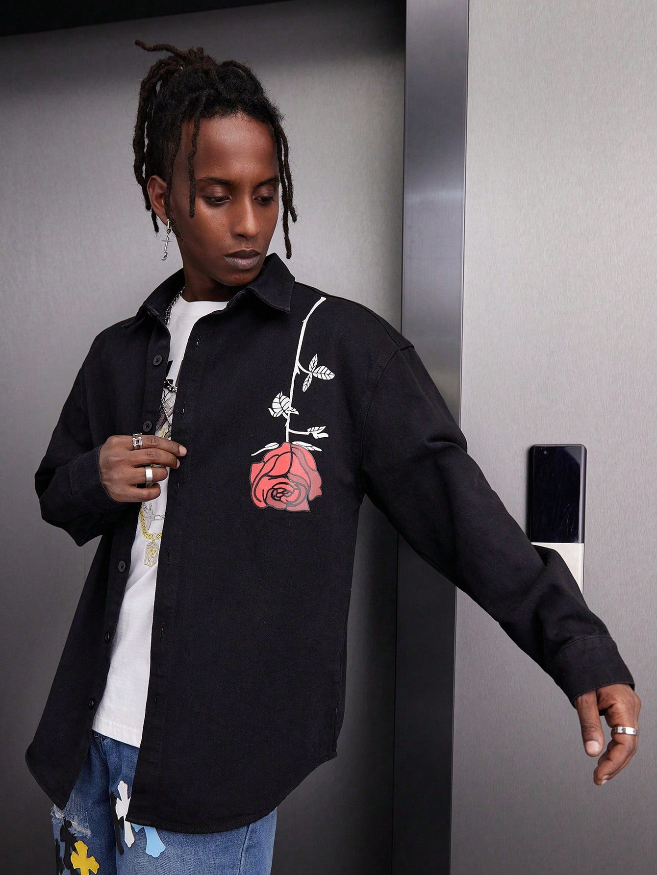 Japanese streetwear black denim shirt – red rose floral slogan print oversized drop shoulder button-up