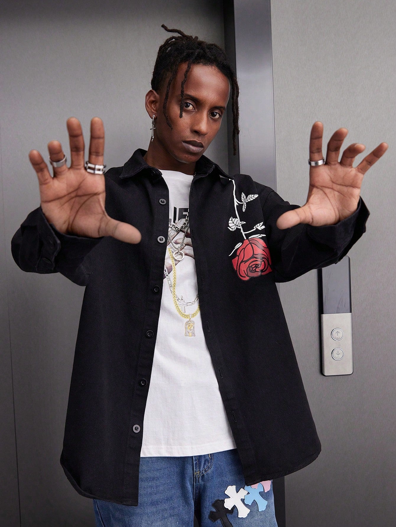 Japanese streetwear black denim shirt – red rose floral slogan print oversized drop shoulder button-up