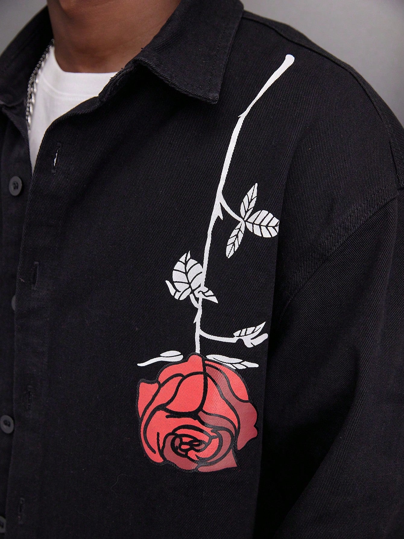 Japanese streetwear black denim shirt – red rose floral slogan print oversized drop shoulder button-up