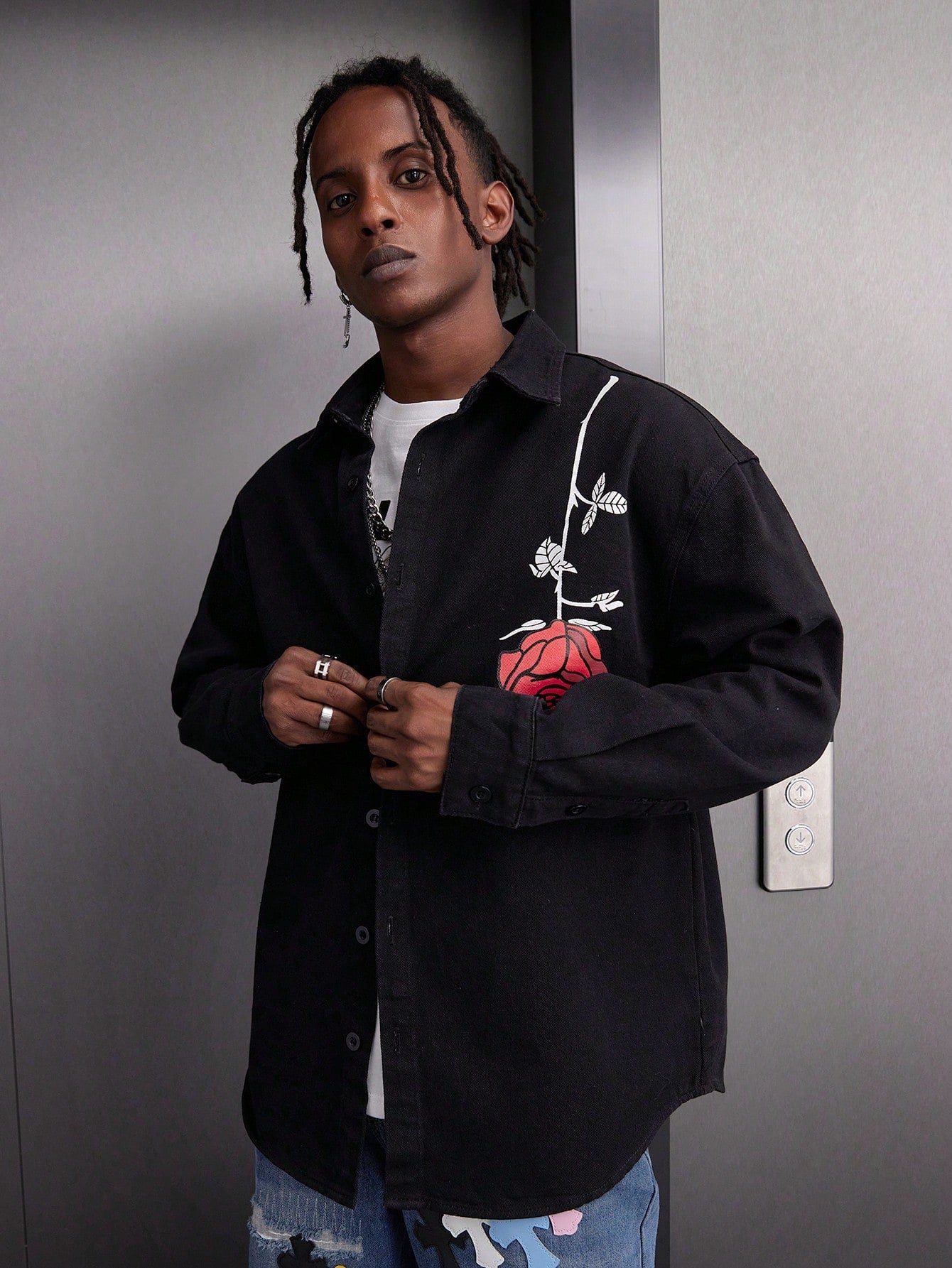 Japanese streetwear black denim shirt – red rose floral slogan print oversized drop shoulder button-up