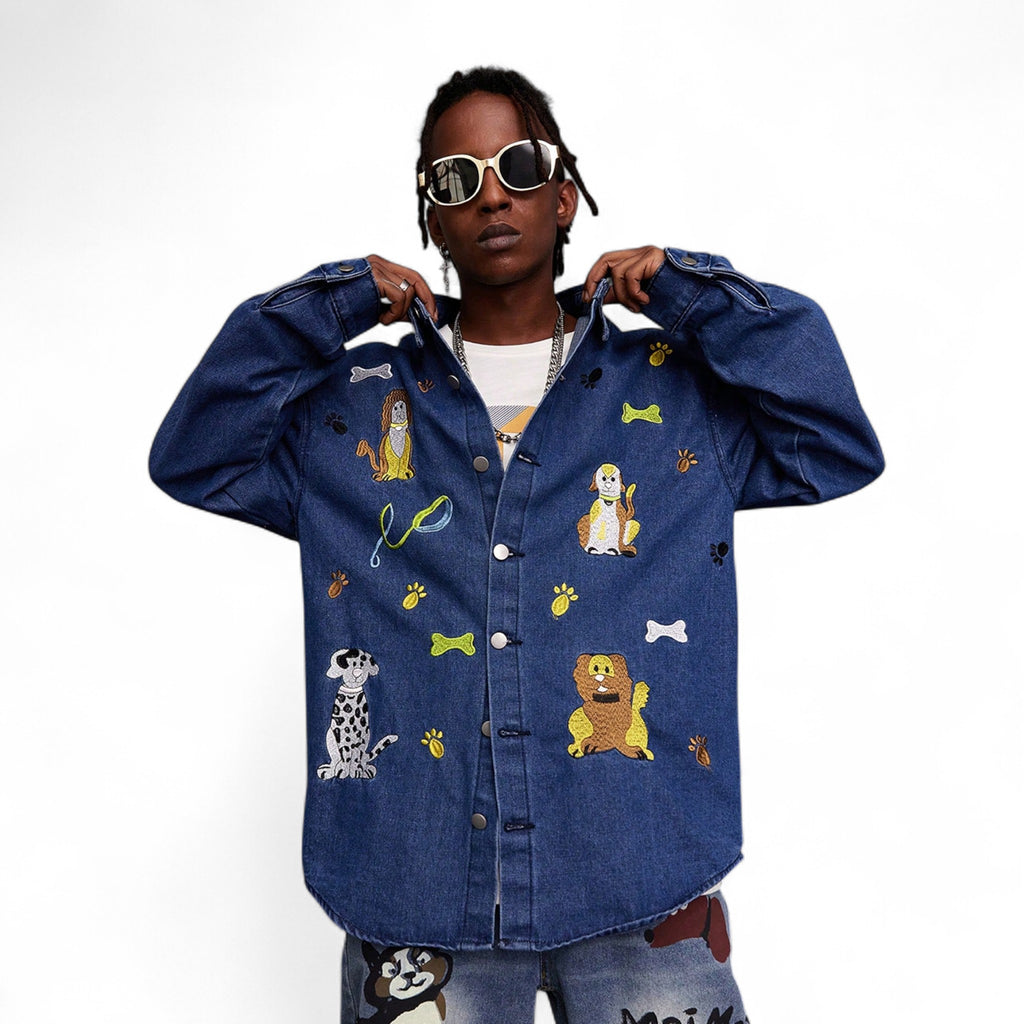 Japanese streetwear men’s denim shirt – cartoon dog embroidery oversized drop shoulder long sleeve